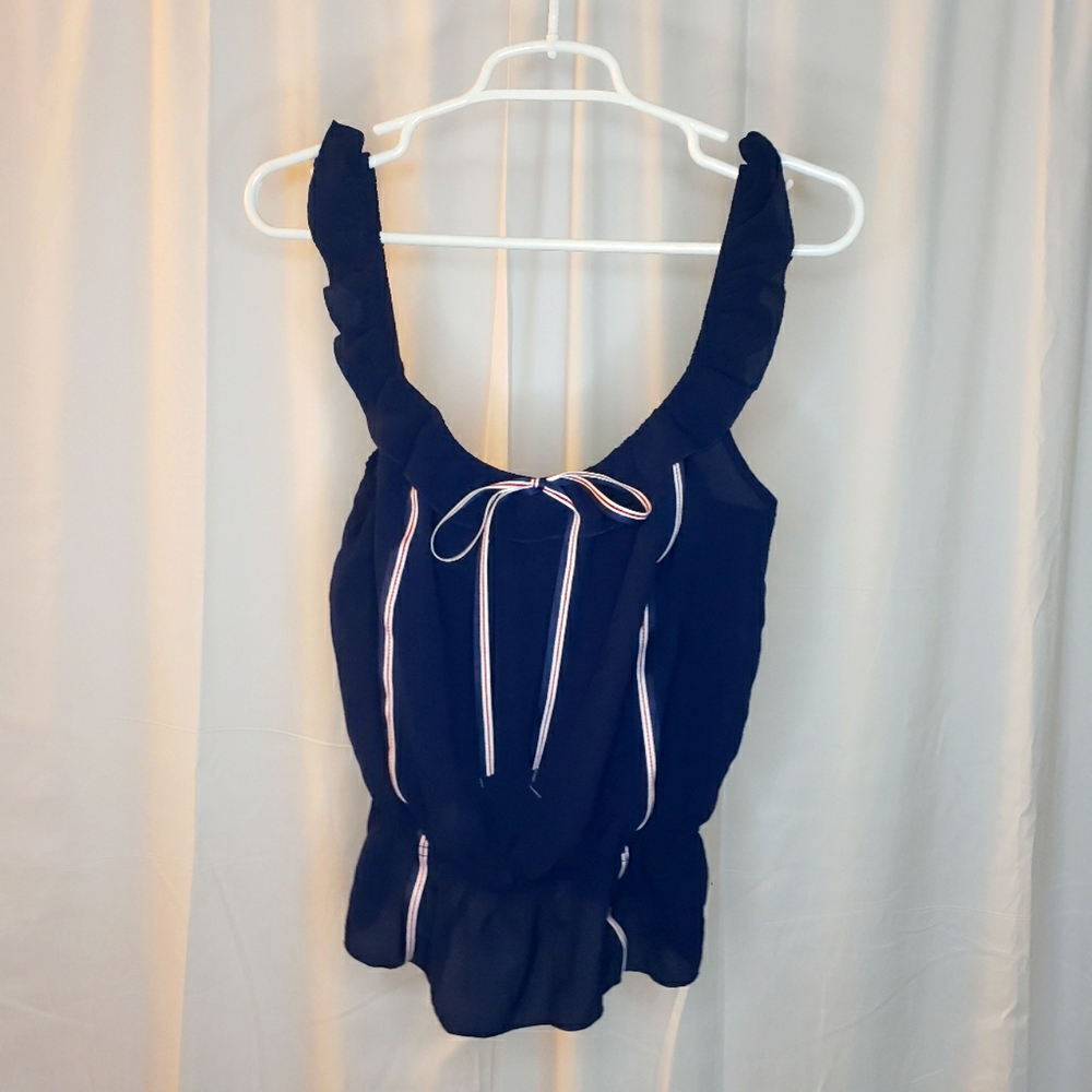 Papaya, women's top, size Medium. Navy blue, ribbons. 100% polyester.
